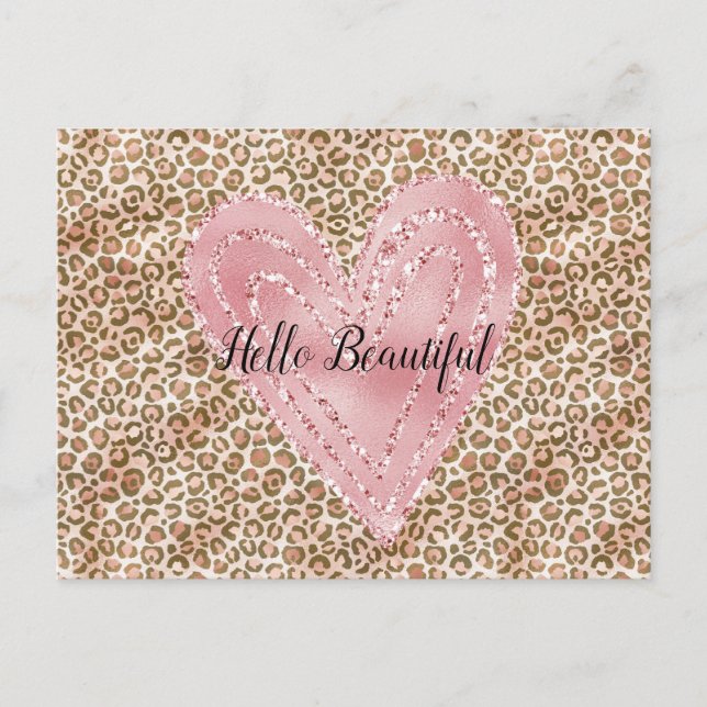 Blush Pink Gold Glitter Heart Leopard Print Postcard (Front)