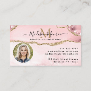 Blush Pink Gold Glitter Logo Photo Agate Monogram Business Card