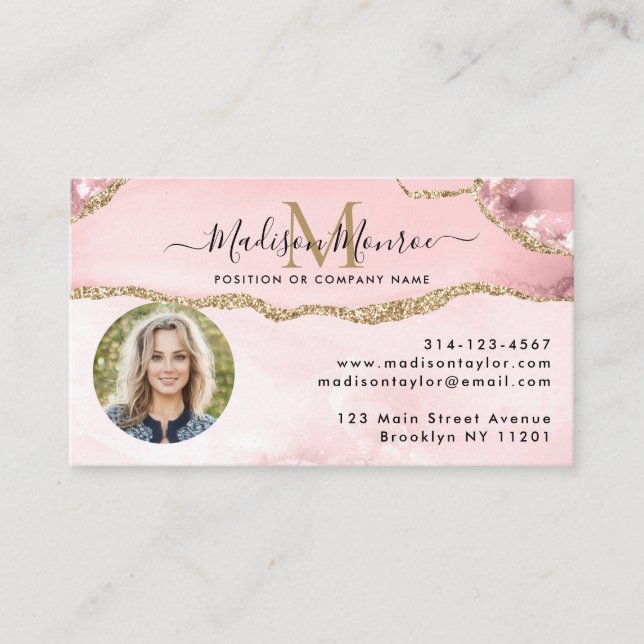 Blush Pink Gold Glitter Logo Photo Agate Monogram Business Card (Front)
