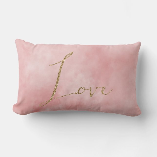 Blush Pink Gold Glitter Love Lumbar Cushion (Front)