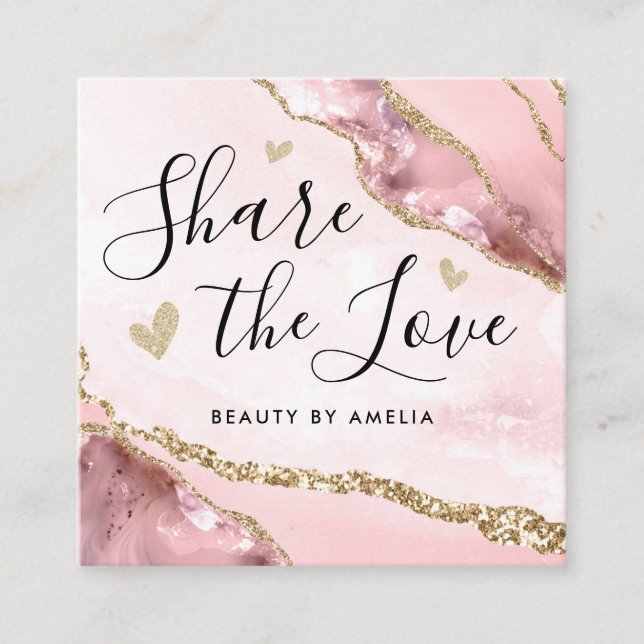 Blush Pink Gold Glitter Marble Agate Chic Monogram Referral Card (Front)