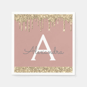 Blush Pink Gold Glitter  Monogram Birthday Napkin
