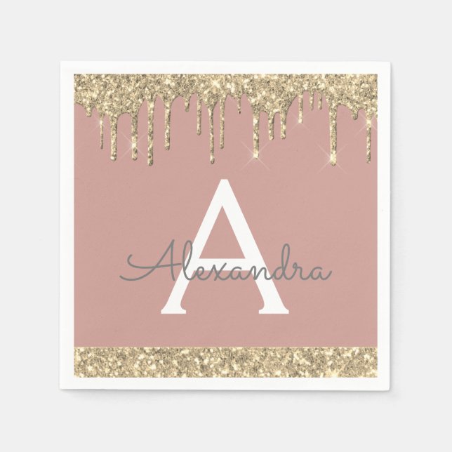 Blush Pink Gold Glitter  Monogram Birthday Napkin (Front)