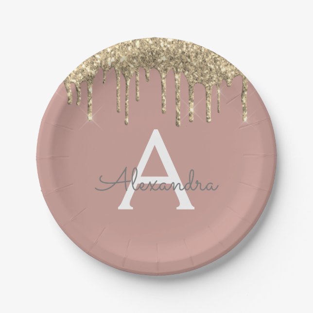Blush Pink - Gold Glitter Monogram Birthday Paper Plate (Front)