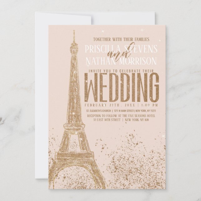 Blush Pink Gold Glitter Paris Eiffel Tower Wedding Invitation (Front)