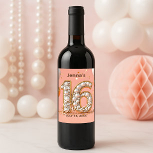 Blush Pink Gold Glitter Pearly Sweet 16 Birthday Wine Label