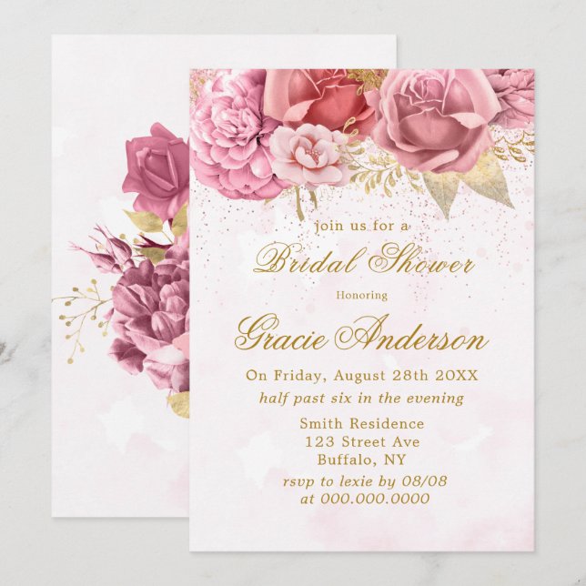 Blush Pink Gold Glitter Peony Bridal Shower Invitation (Front/Back)