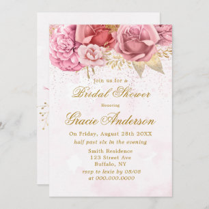 Blush Pink Gold Glitter Peony Bridal Shower Invitation