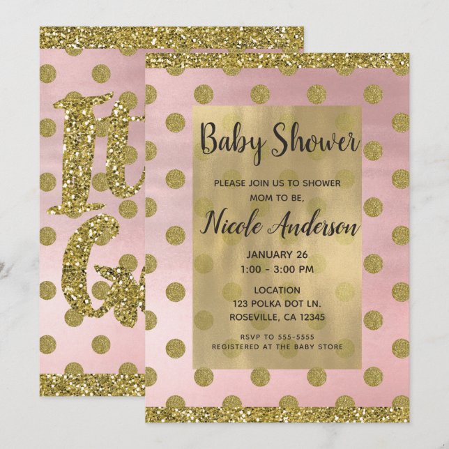 Blush Pink & Gold Glitter Polka Dots Baby Shower Invitation (Front/Back)