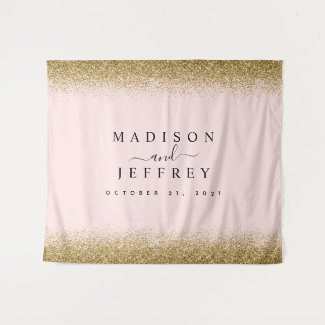 Blush Pink & Gold Glitter Wedding Backdrop Tapestry (Front (Horizontal))