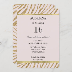 Blush Pink Gold Glitter Zebra Animal Birthday Invitation