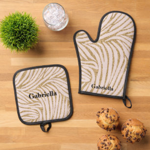 Blush Pink Gold Glitter Zebra Oven Mitt & Pot Holder Set