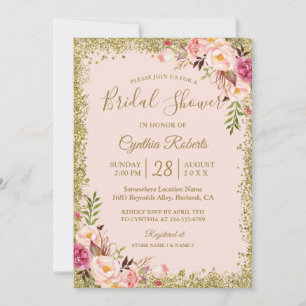 Blush Pink Gold Glitters Floral Bridal Shower Invitation