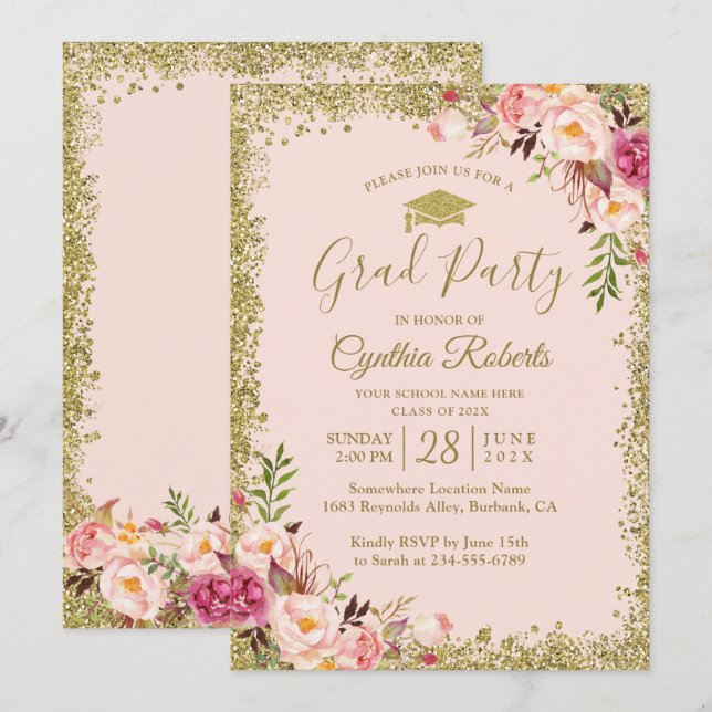 Blush Pink Gold Glitters Floral Graduation Party Invitation (Front/Back)