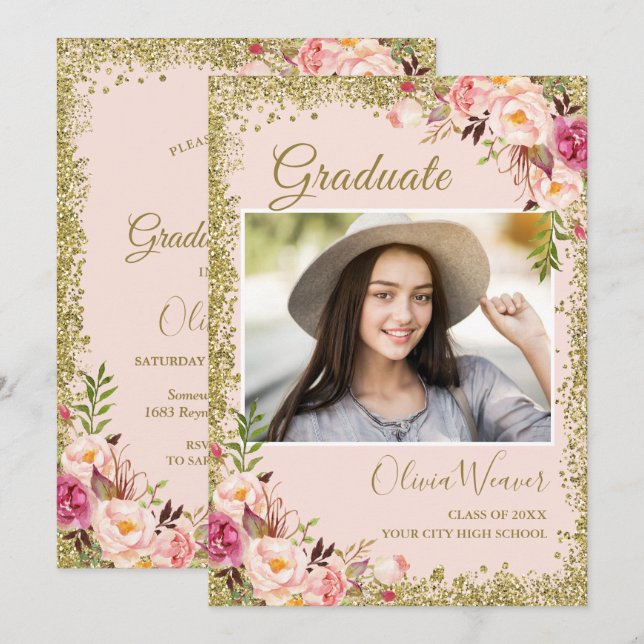 Blush Pink Gold Glitters Floral Photo Graduation Invitation (Front/Back)