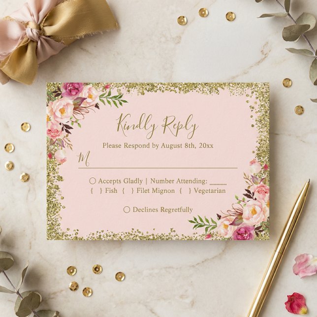 Blush Pink Gold Glitters Floral RSVP Reply Card (Creator Uploaded)