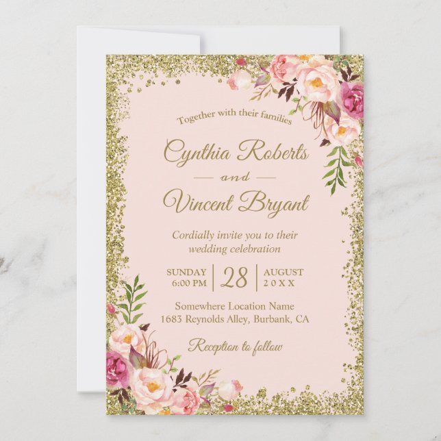 Blush Pink Gold Glitters Floral Wedding Invitation (Front)