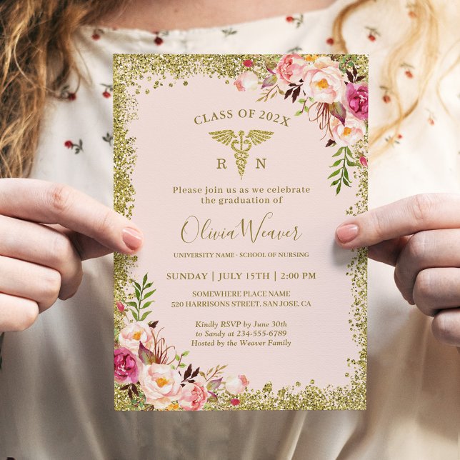 Blush Pink Gold Glitters Nursing School Graduation Invitation (Creator Uploaded)