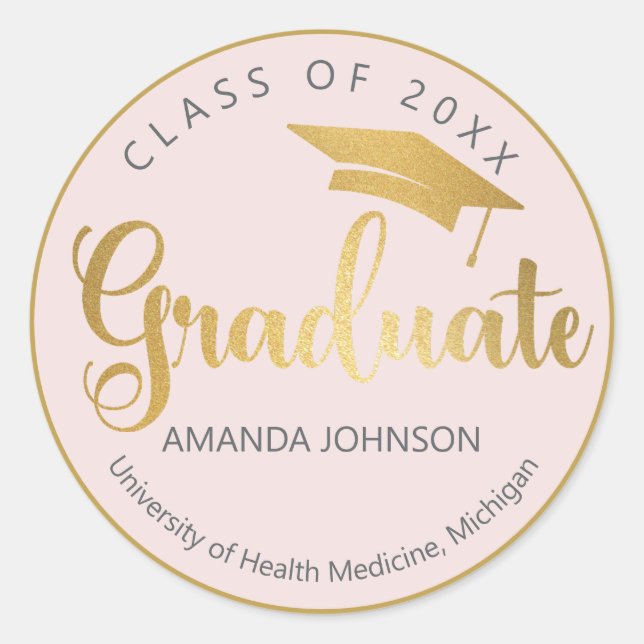 Blush Pink Gold Graduate Name Graduation  Classic Round Sticker (Front)