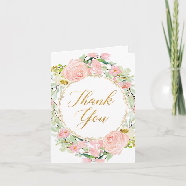 Blush pink gold greenery elegant floral thank you card (Front)