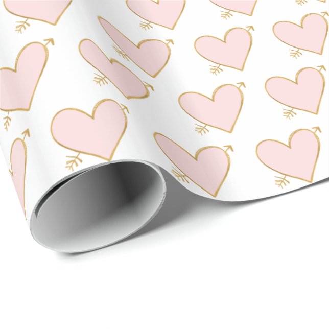 Blush Pink Gold Hearts with Arrows Wrapping Paper (Roll Corner)
