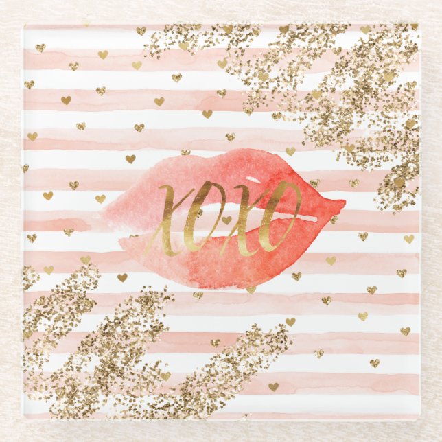 Blush Pink Gold Hearts XOXO Glitter Lips Glass Coaster (Front)