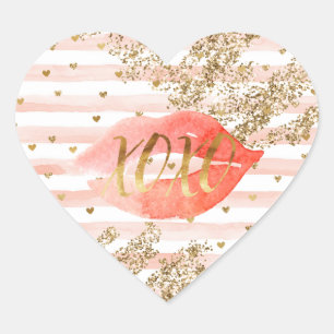 Blush Pink Gold Hearts XOXO Glitter Lips Heart Sticker