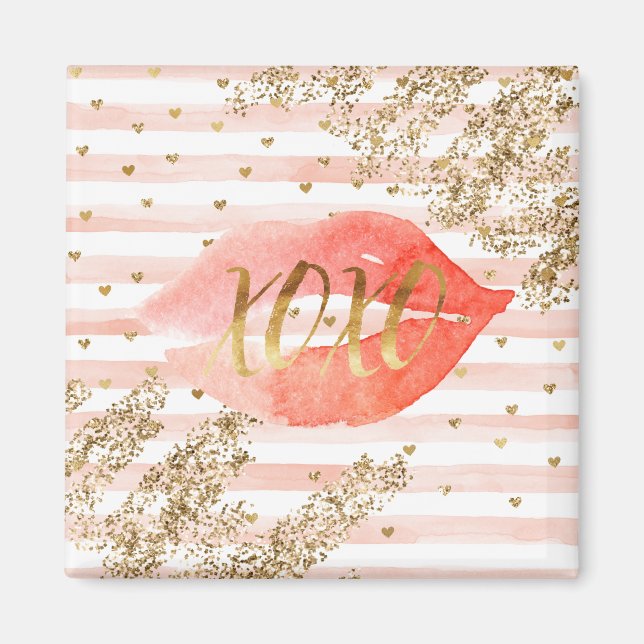 Blush Pink Gold Hearts XOXO Glitter Lips Magnet (Front)