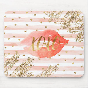 Blush Pink Gold Hearts XOXO Glitter Lips Mouse Mat