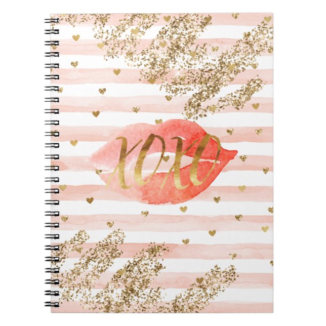 Blush Pink Gold Hearts XOXO Glitter Lips Notebook (Front)