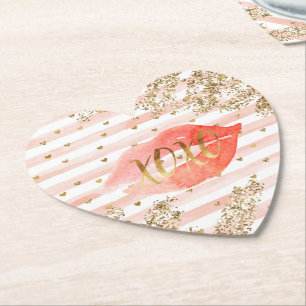Blush Pink Gold Hearts XOXO Glitter Lips Paper Coaster