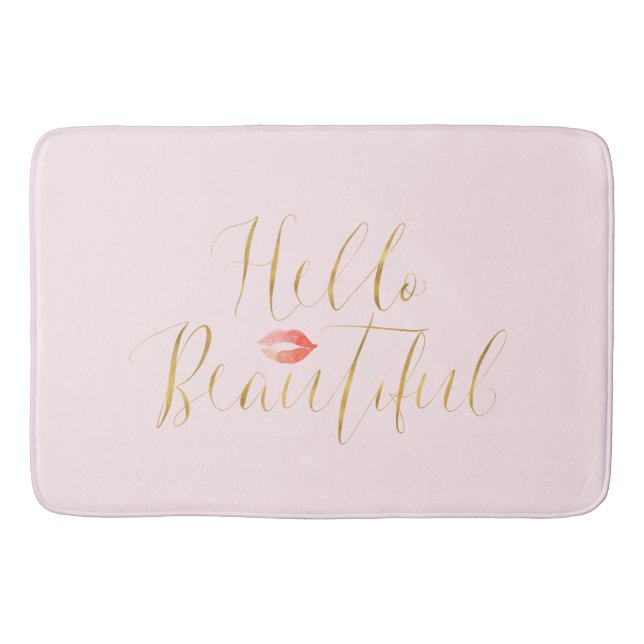 Blush Pink Gold Hello Beautiful Lips Bath Mat (Front)