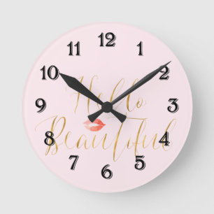 Blush Pink Gold Hello Beautiful Lips Round Clock