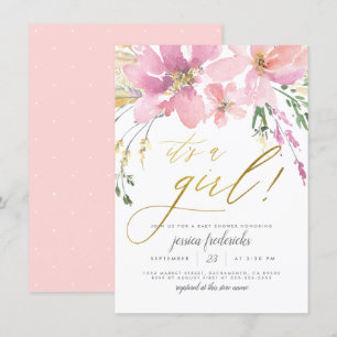 Blush Pink & Gold It's A Girl Floral Baby Shower Invitation