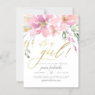Blush Pink & Gold It's A Girl Floral Baby Shower Magnetic Invitation