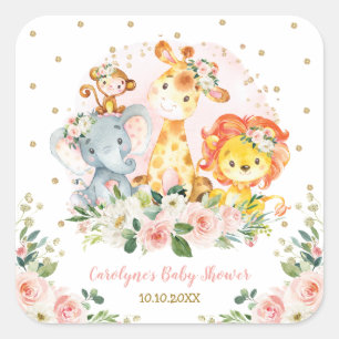 Blush Pink Gold Jungle Animals Watercolor Floral Square Sticker