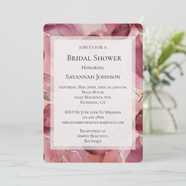 Blush Pink Gold Leaves Bridal Shower Invitation (Standing Front)