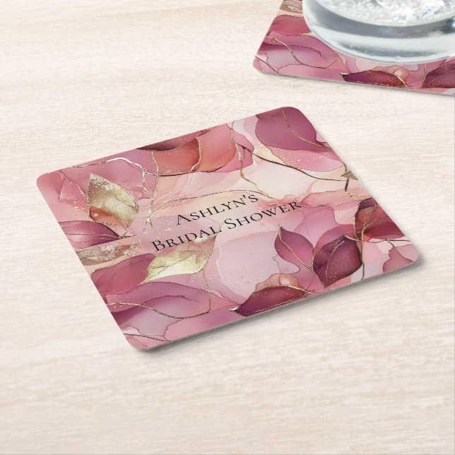 Blush Pink Gold Leaves Bridal Shower Square Paper Coaster (Angled)