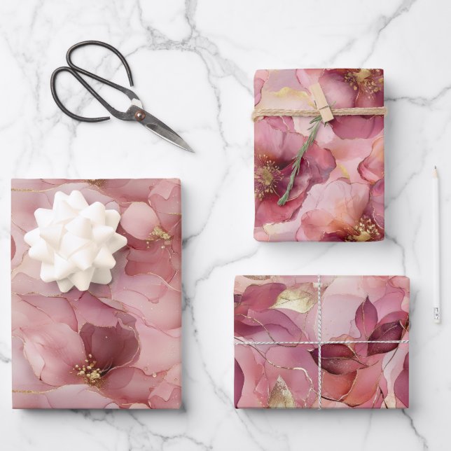Blush Pink Gold Leaves Floral Bridal Shower Wrapping Paper Sheet (Front)