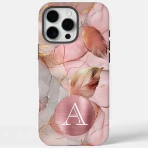 Blush Pink Gold Leaves Monogram iPhone 16 Pro Max Case