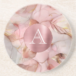 Blush Pink Gold Leaves Monogram Coaster