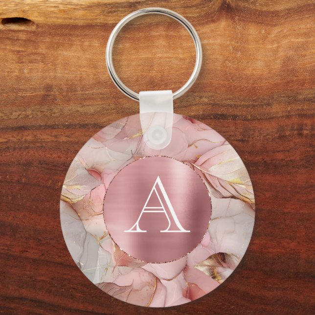 Blush Pink Gold Leaves Monogram Key Ring (Front)