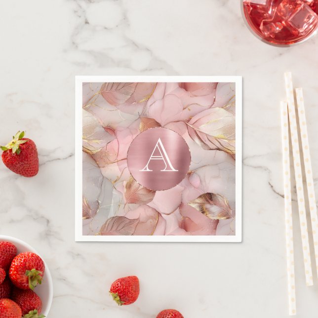 Blush Pink Gold Leaves Monogram Napkin (Insitu)