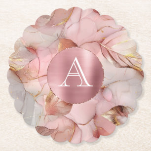 Blush Pink Gold Leaves Monogram Paper Coaster