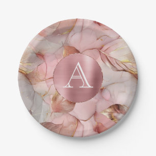 Blush Pink Gold Leaves Monogram Paper Plate