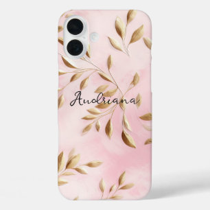 Blush Pink Gold Leaves Wedding iPhone 16 Plus Case