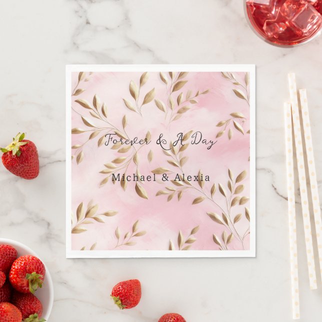 Blush Pink Gold Leaves Wedding Napkin (Insitu)
