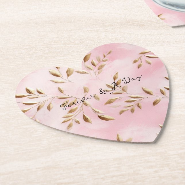 Blush Pink Gold Leaves Wedding Paper Coaster (Angled)