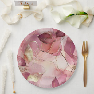 Blush Pink Gold Leaves Wedding Paper Plate