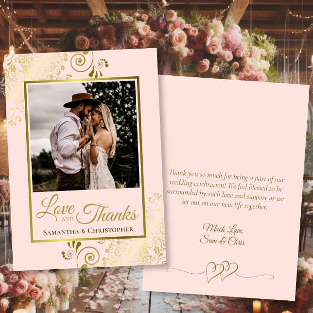 Blush Pink & Gold Love Thanks Photo & Note Wedding Thank You Card (Front/Back)